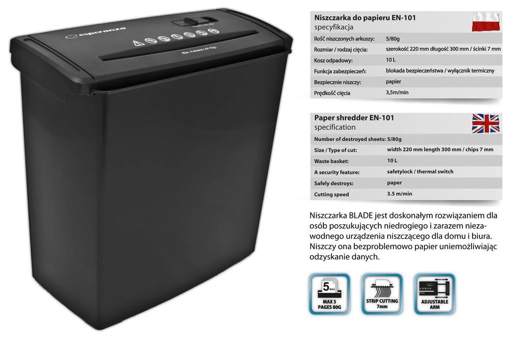 Esperanza EN101 popieriaus smulkintuvas su techniniais parametrais