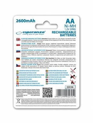 Esperanza AA įkraunamų baterijų pakuotės galinė pusė
