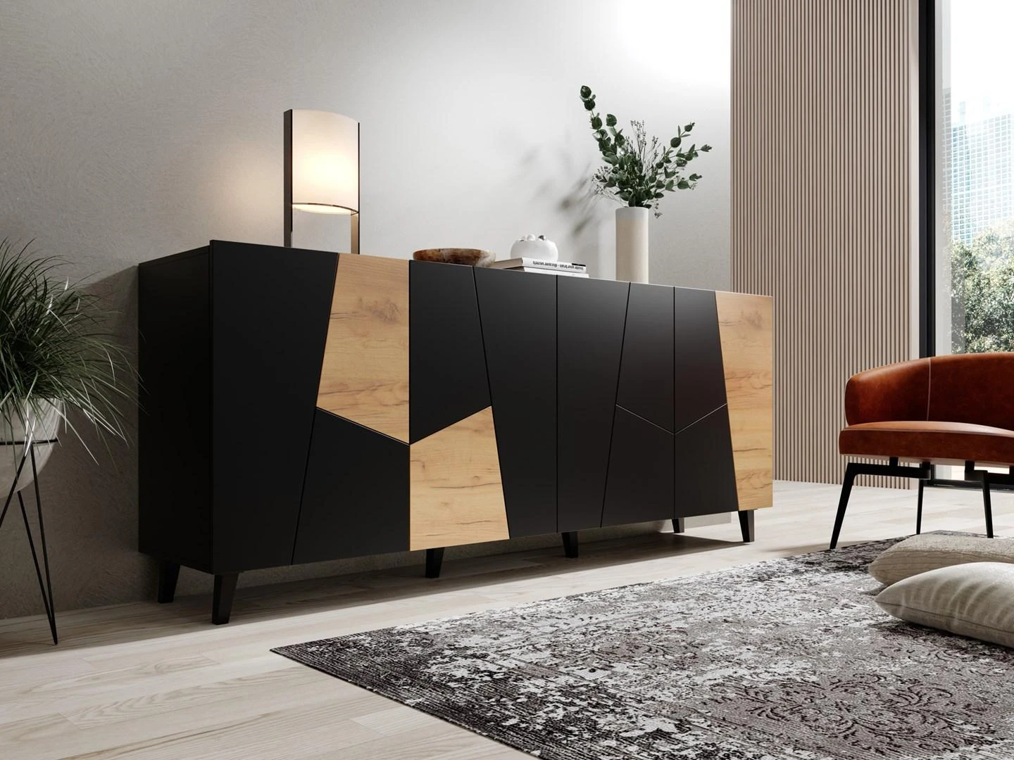Cama Meble Komoda - Etna 200x42x82 Juoda Matinė + Ąžuolas Craft