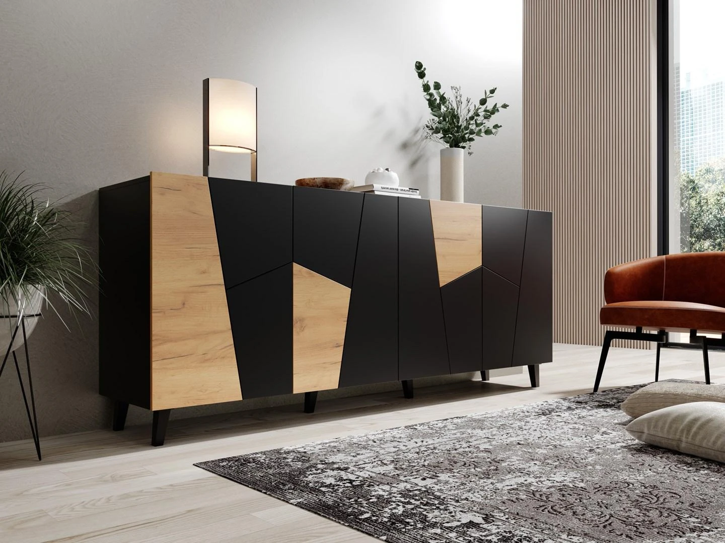 Cama Meble Komoda - Etna 200x42x82 Juoda Matinė + Ąžuolas Craft