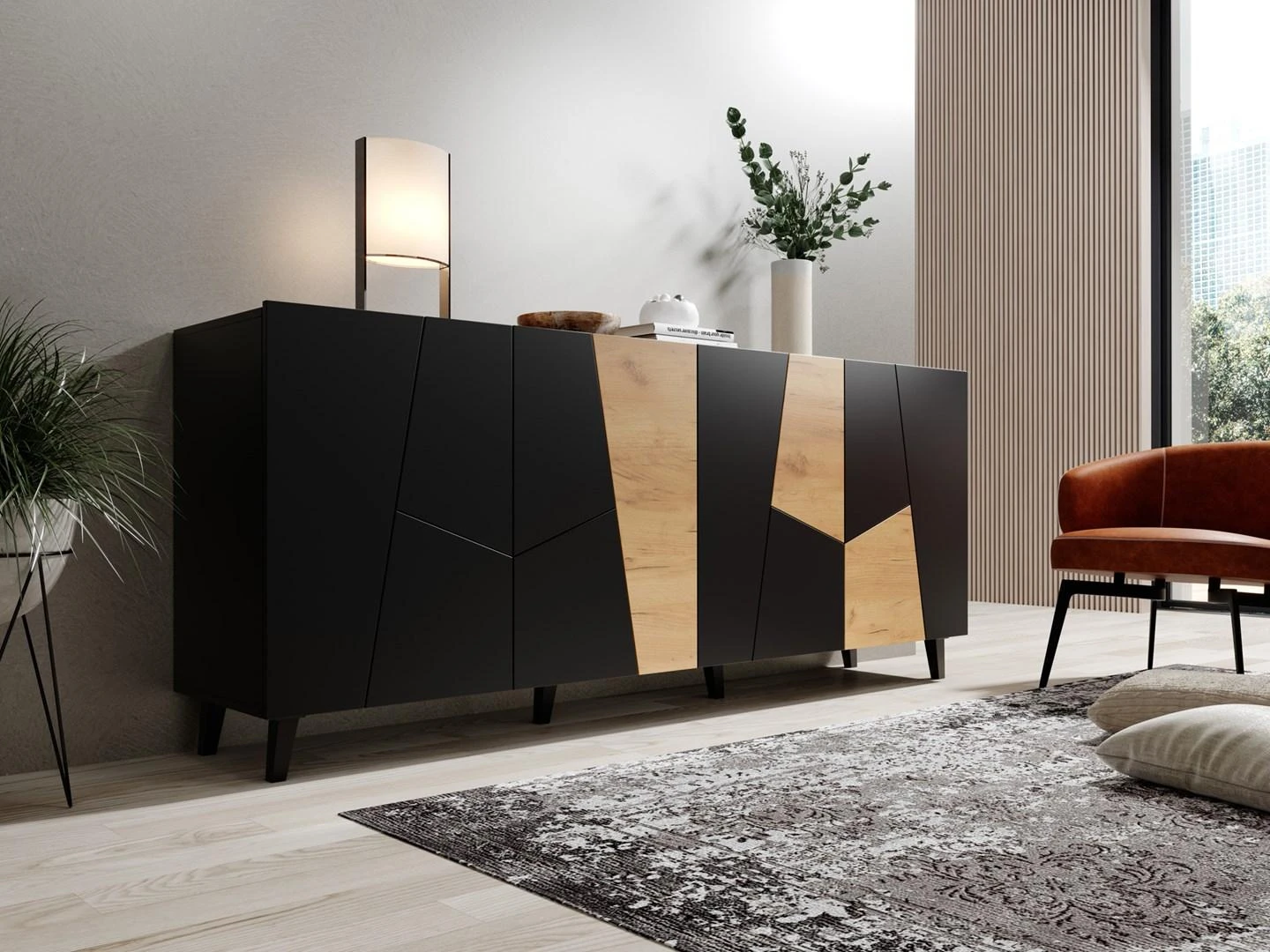 Cama Meble Komoda - Etna 200x42x82 Juoda Matinė + Ąžuolas Craft