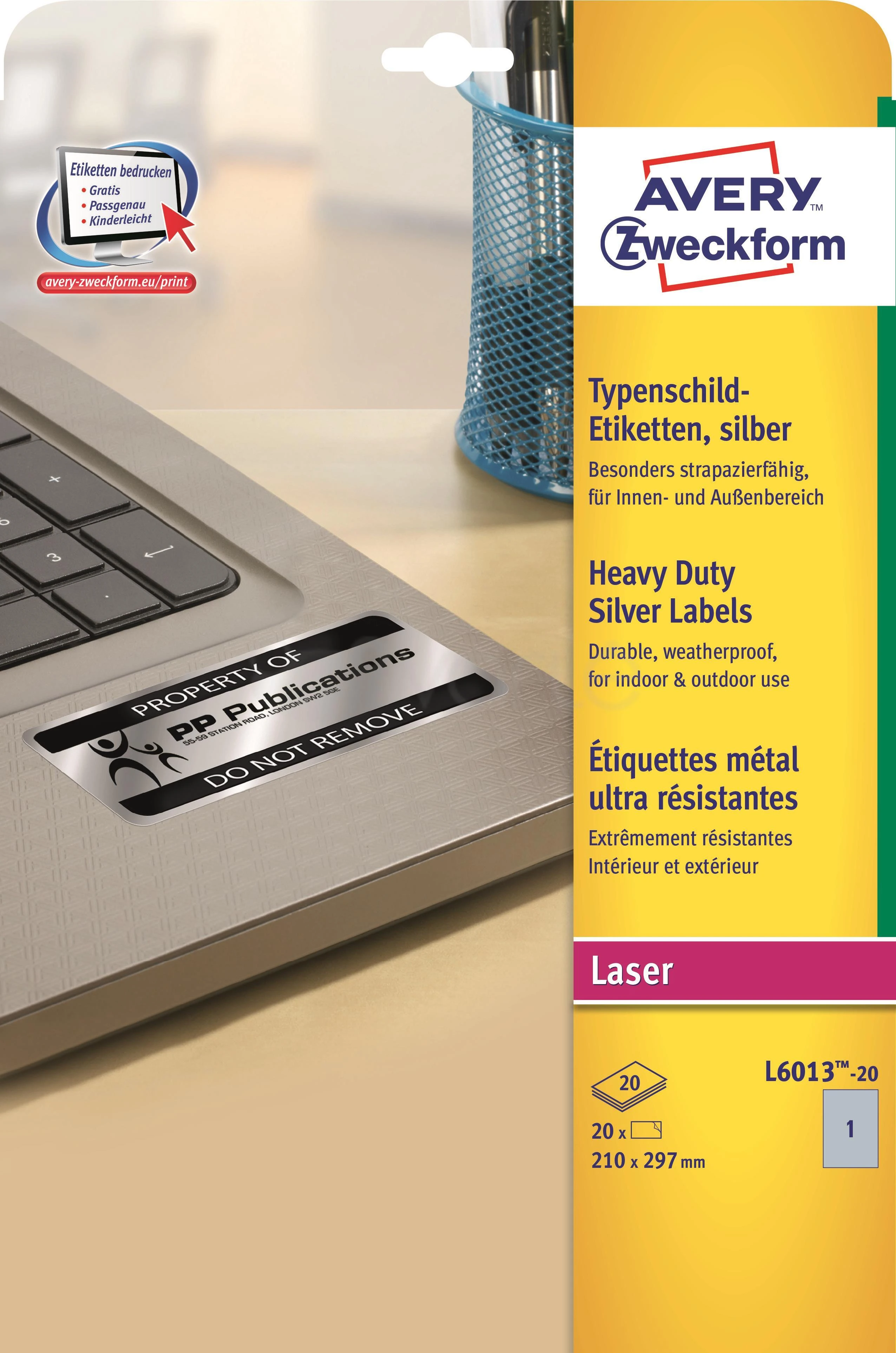 Lipnios etiketės Avery Zweckform, A4, atsparios drėgmei, 210x297mm, 1 etiketė lape, 20 lapų, sidabrinės spalvos