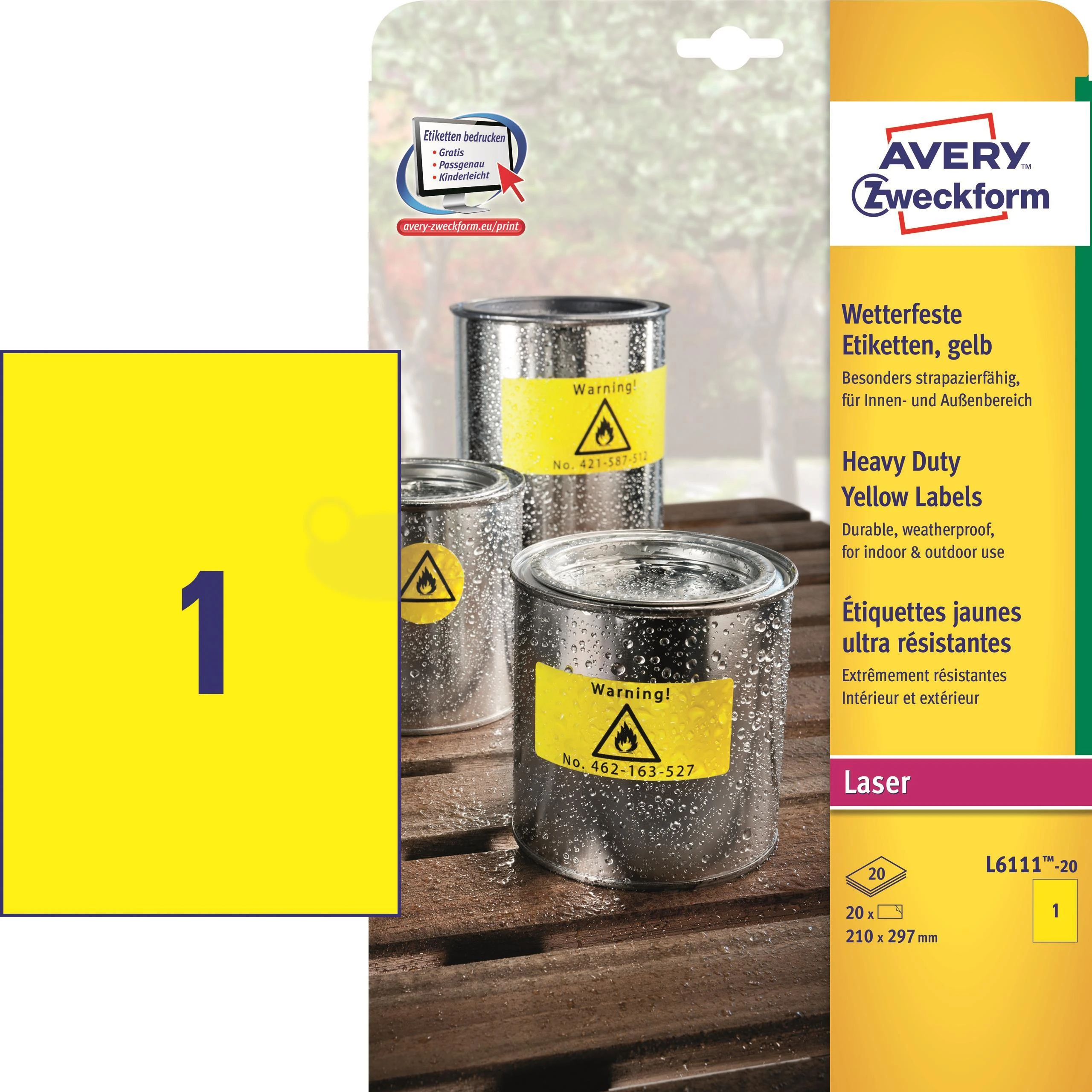 Lipnios etiketės Avery Zweckform, A4, atsparios drėgmei, 210x297mm, 1 etiketė lape, 20 lapų, geltonos spalvos