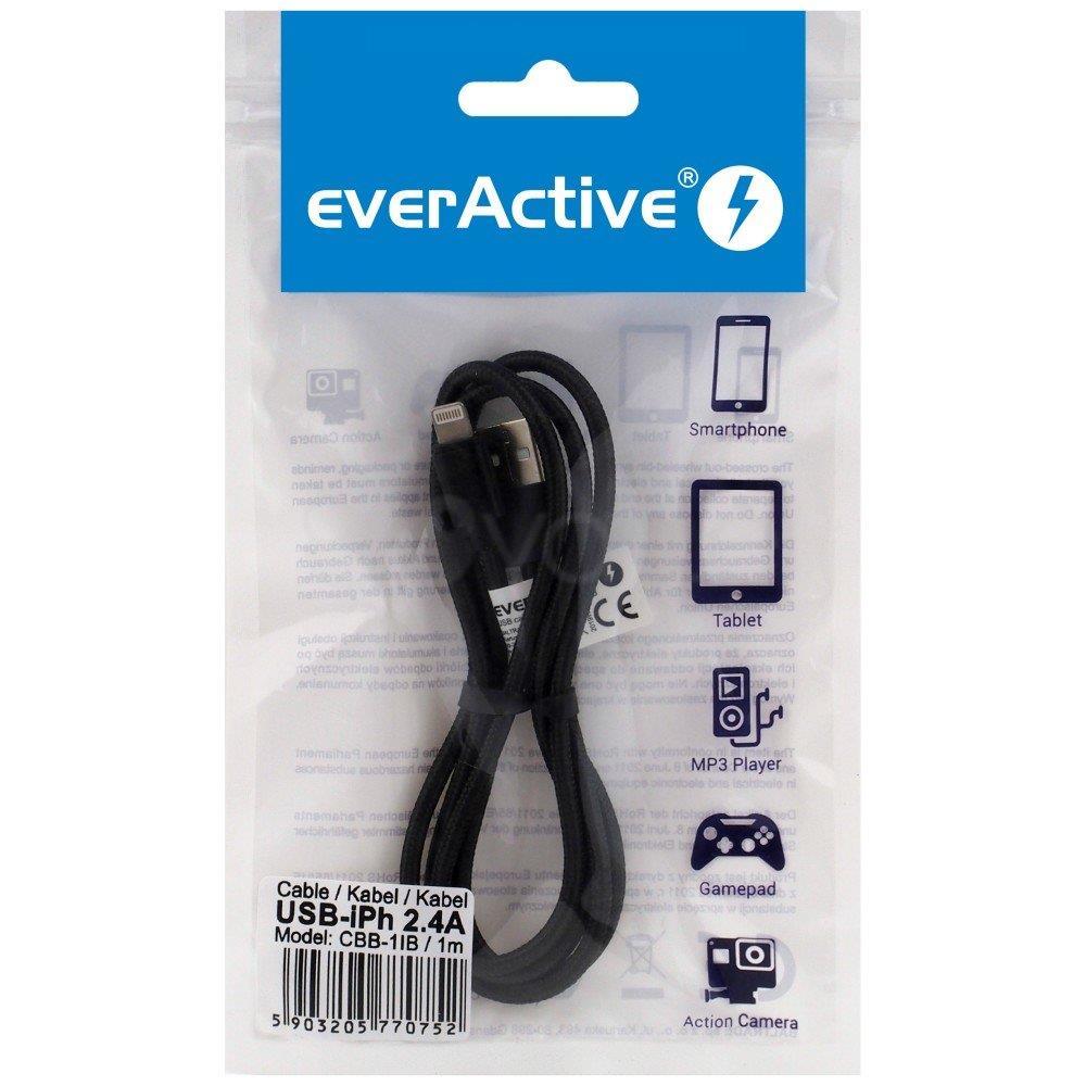 everActive kabelis USB Lightning 1m - Juodas, pintas, greitas įkrovimas, 2,4A - CBB-1IB