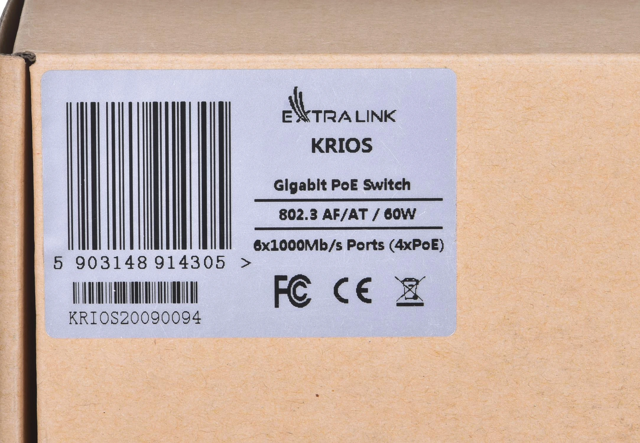 Šakotuvas EXTRALINK KRIOS 4 prievadų GbE Nevaldomas 802.3AF/AT 150 W PoE jungiklis + 1xRJ45 Up-Link