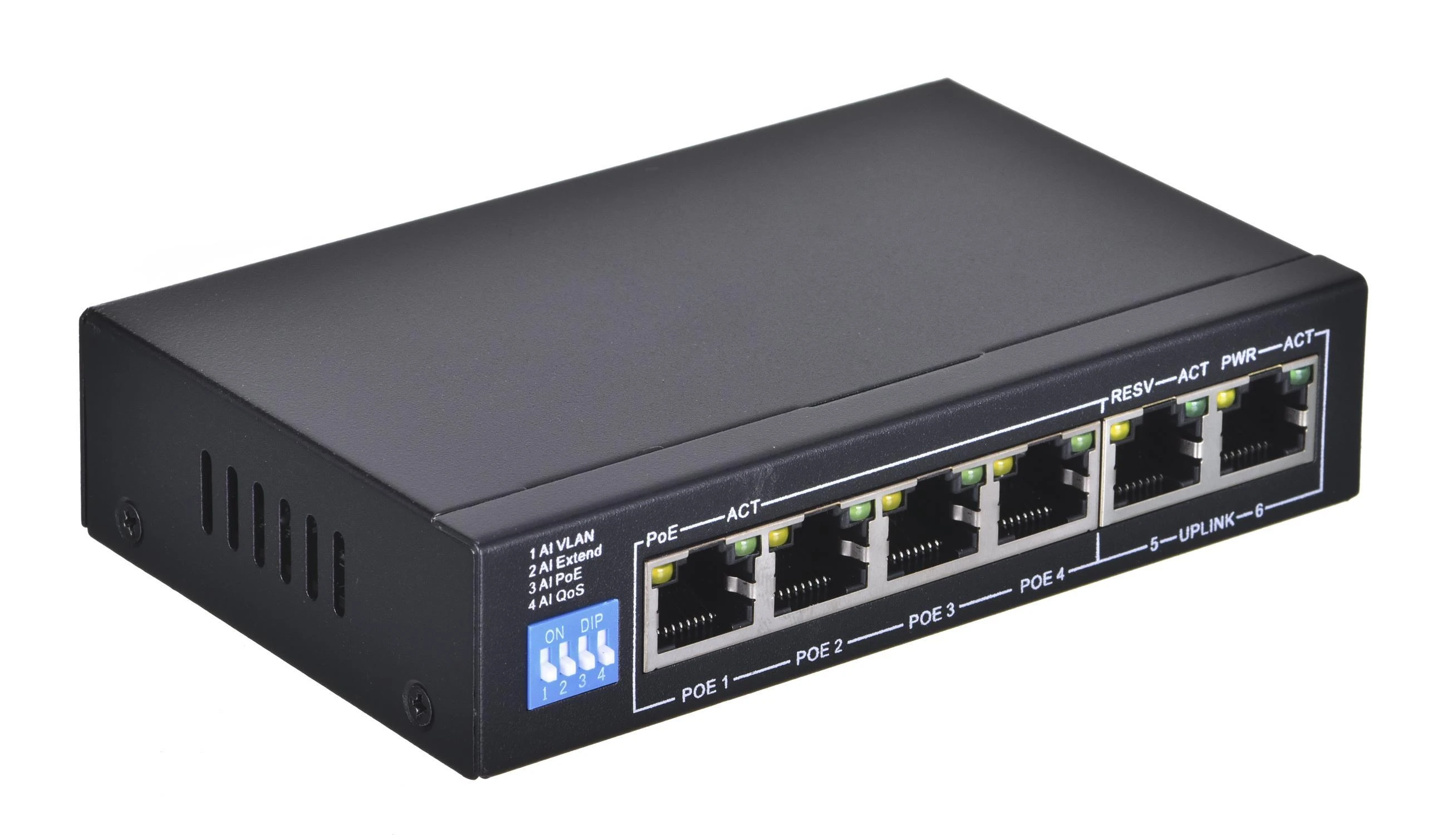 Šakotuvas EXTRALINK KRIOS 4 prievadų GbE Nevaldomas 802.3AF/AT 150 W PoE jungiklis + 1xRJ45 Up-Link