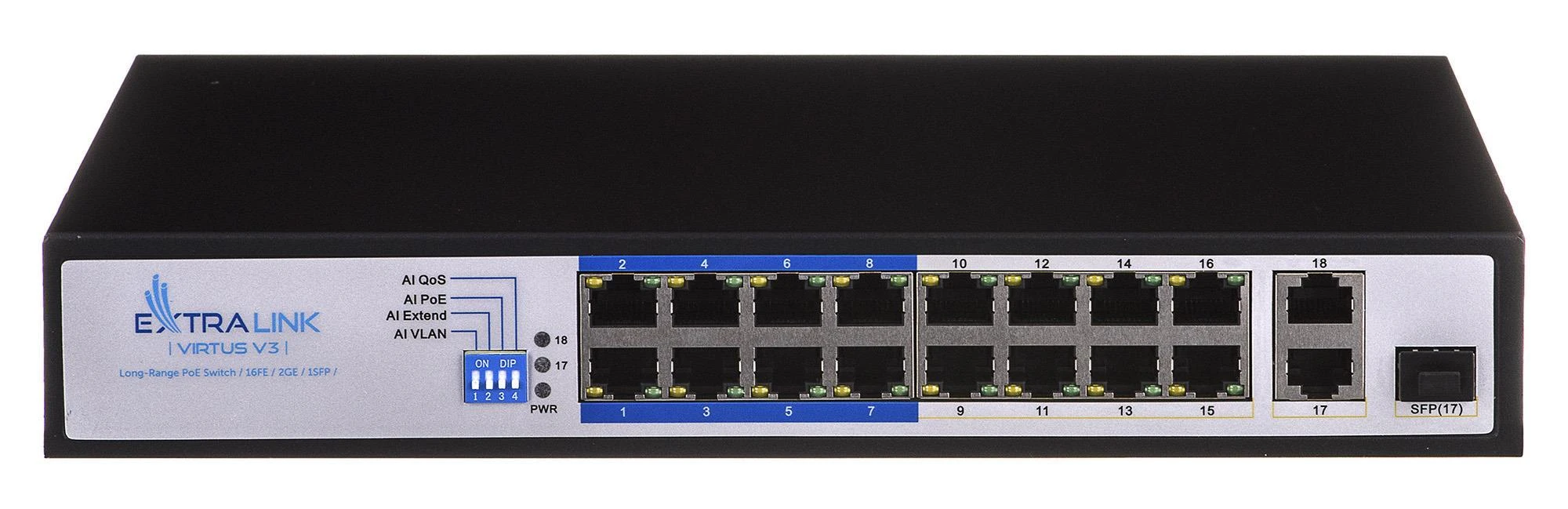 Šakotuvas EXTRALINK EX.16101 VIRTUS V3 Switch PoE 16x 100Mb/s PoE/PoE+ 2x Gigabit RJ45 + 1x SFP PoE Budget 150W