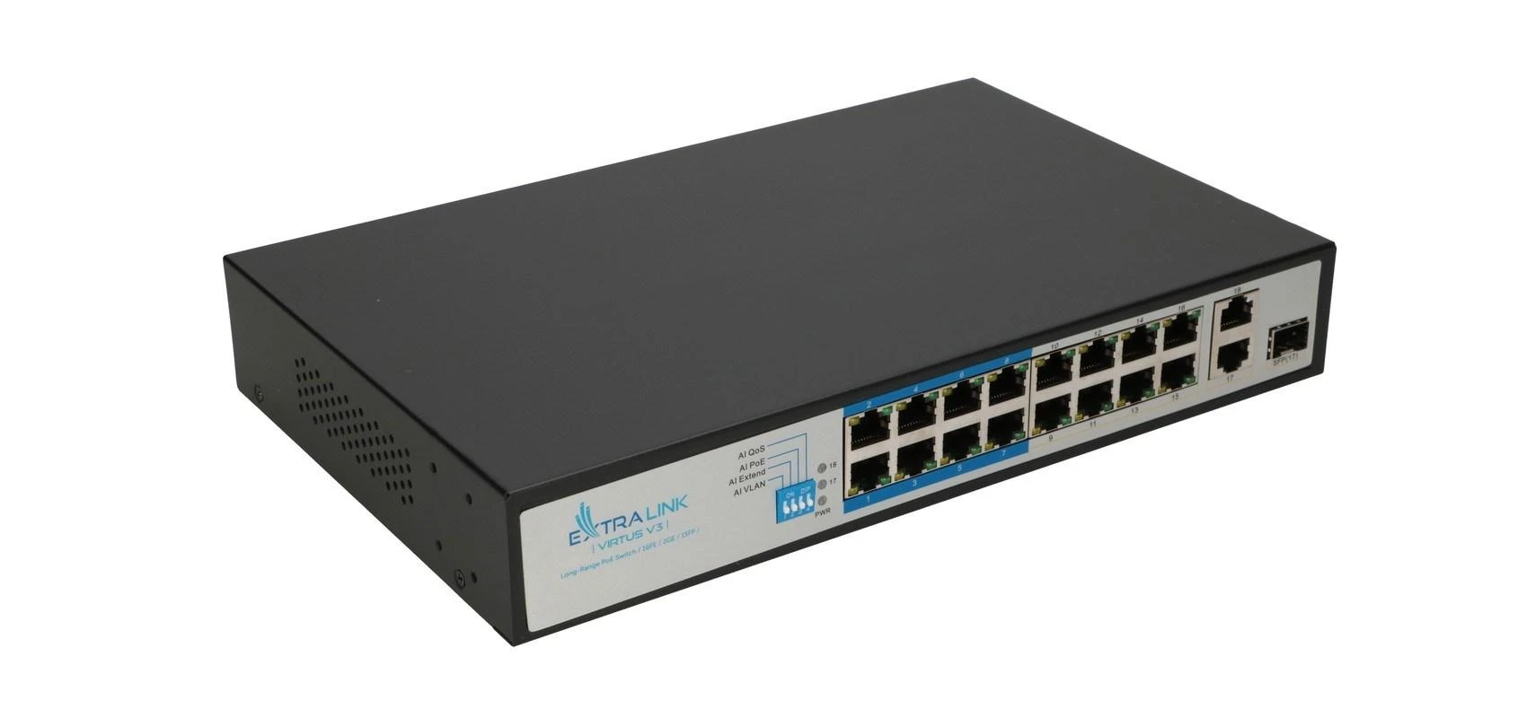Šakotuvas EXTRALINK EX.16101 VIRTUS V3 Switch PoE 16x 100Mb/s PoE/PoE+ 2x Gigabit RJ45 + 1x SFP PoE Budget 150W