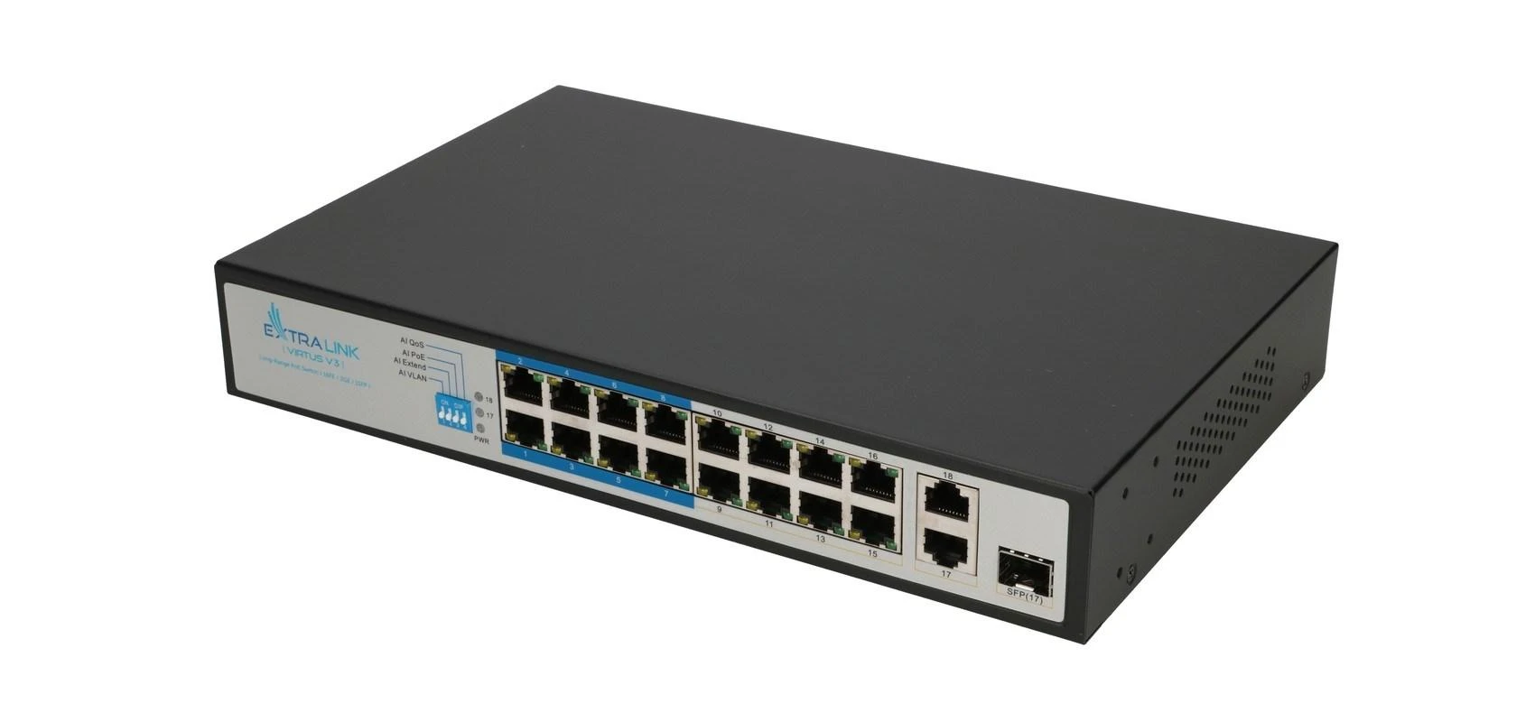 Šakotuvas EXTRALINK EX.16101 VIRTUS V3 Switch PoE 16x 100Mb/s PoE/PoE+ 2x Gigabit RJ45 + 1x SFP PoE Budget 150W