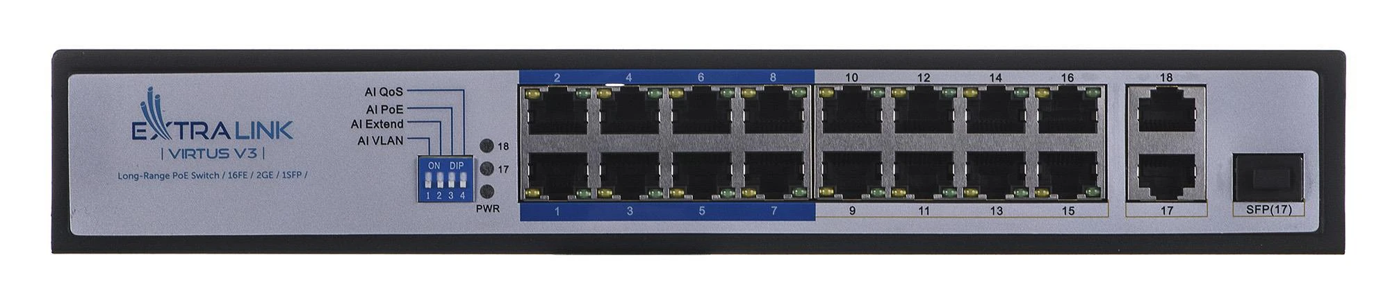Šakotuvas EXTRALINK EX.16101 VIRTUS V3 Switch PoE 16x 100Mb/s PoE/PoE+ 2x Gigabit RJ45 + 1x SFP PoE Budget 150W