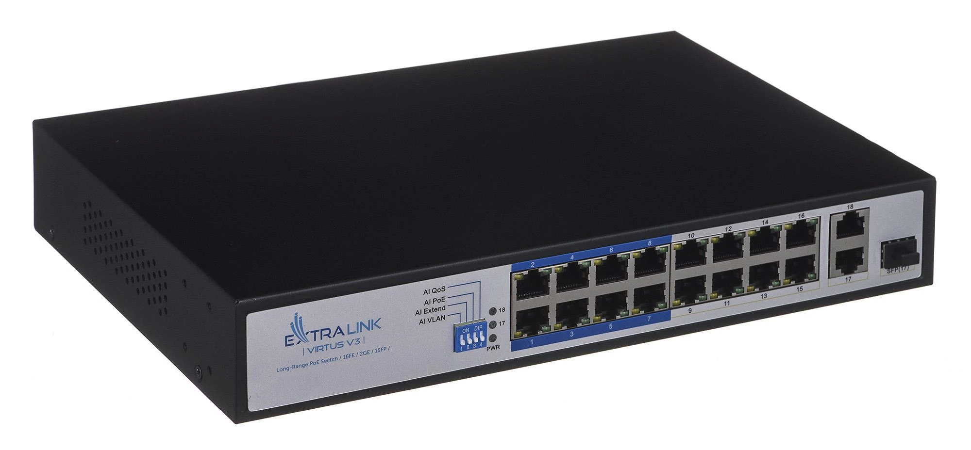 Šakotuvas EXTRALINK EX.16101 VIRTUS V3 Switch PoE 16x 100Mb/s PoE/PoE+ 2x Gigabit RJ45 + 1x SFP PoE Budget 150W