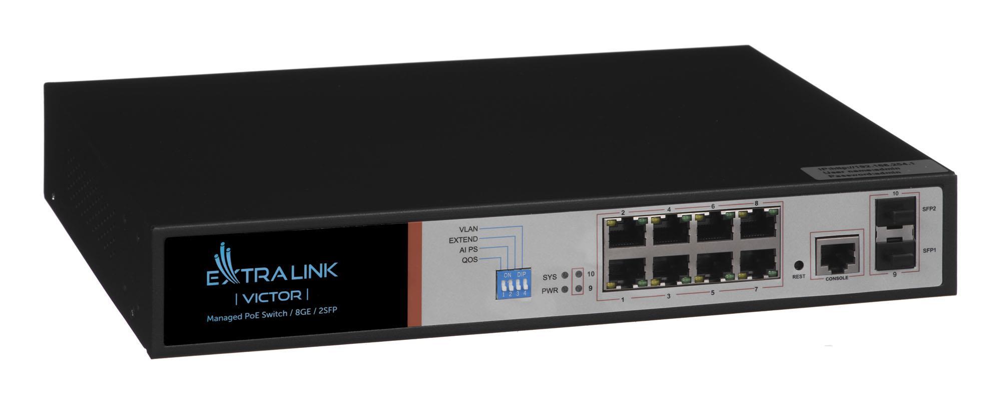 Šakotuvas Valdomas PoE jungiklis Extralink Victor, 8x Gigabit PoE/PoE+, 2x SFP, 150W