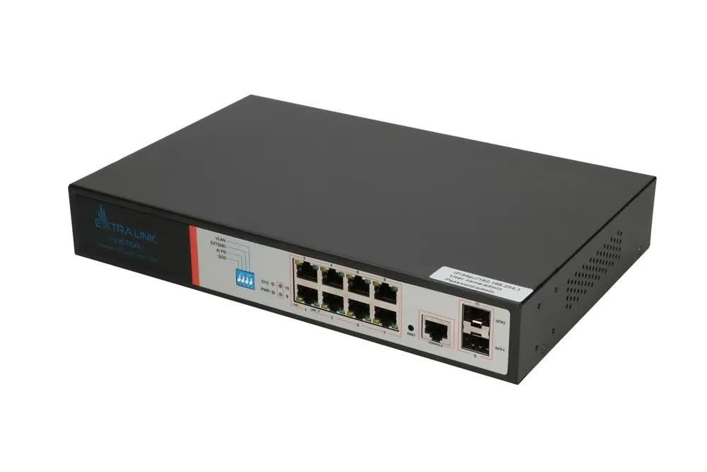 Šakotuvas Valdomas PoE jungiklis Extralink Victor, 8x Gigabit PoE/PoE+, 2x SFP, 150W