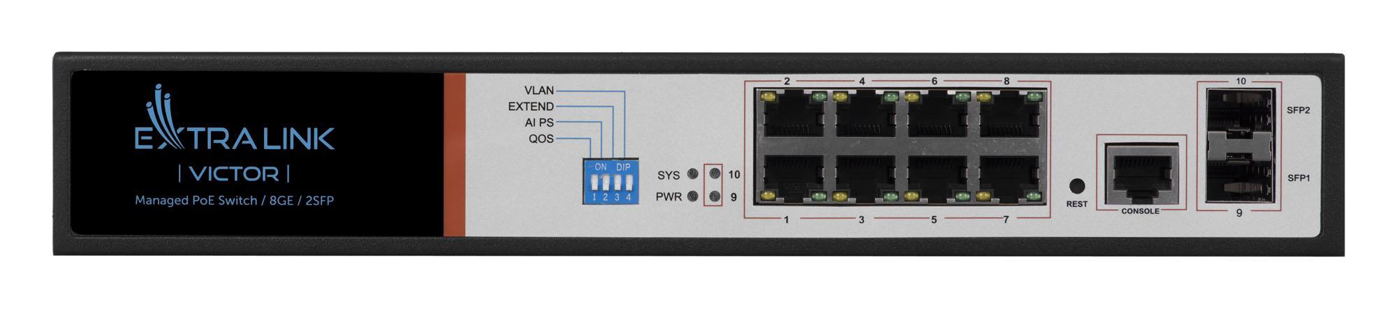 Šakotuvas Valdomas PoE jungiklis Extralink Victor, 8x Gigabit PoE/PoE+, 2x SFP, 150W