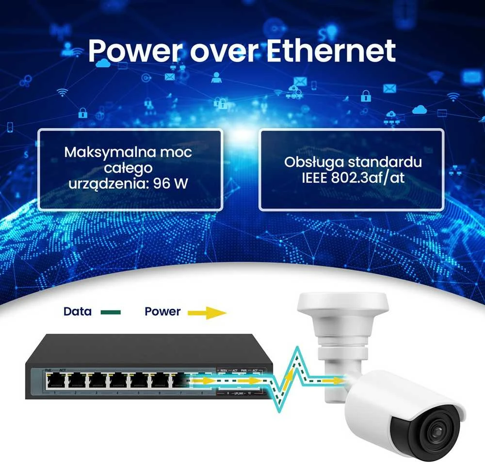 Šakotuvas EXTRALINK CERES 8 prievadų FastEthernet nevaldomas 96 W PoE jungiklis + 2x FE Up-Link