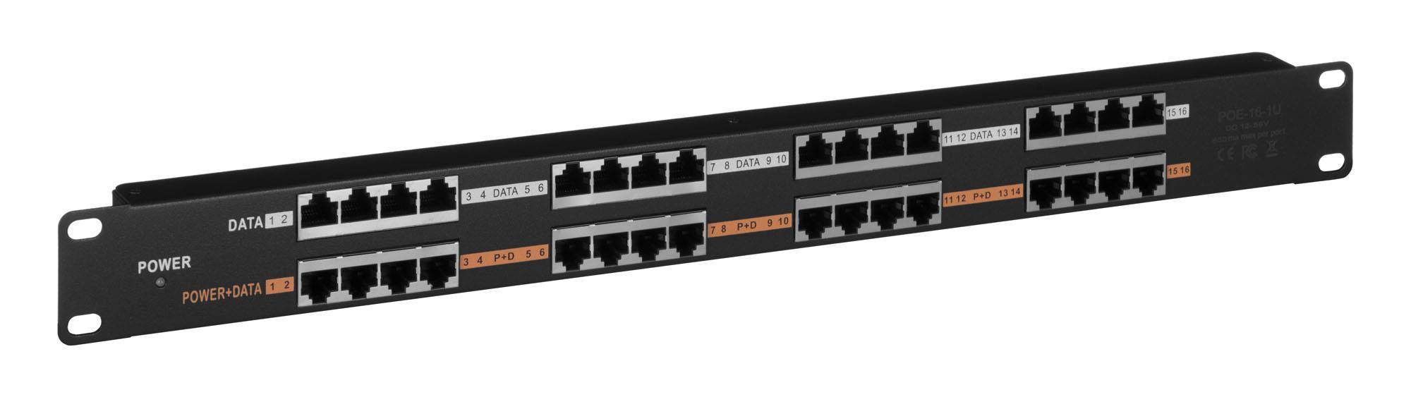 EXTRALINK 16 prievadų pasyvus PoE purkštukas / adapteris 10/100Mbps 12v ~ 48v DC stovas 19"