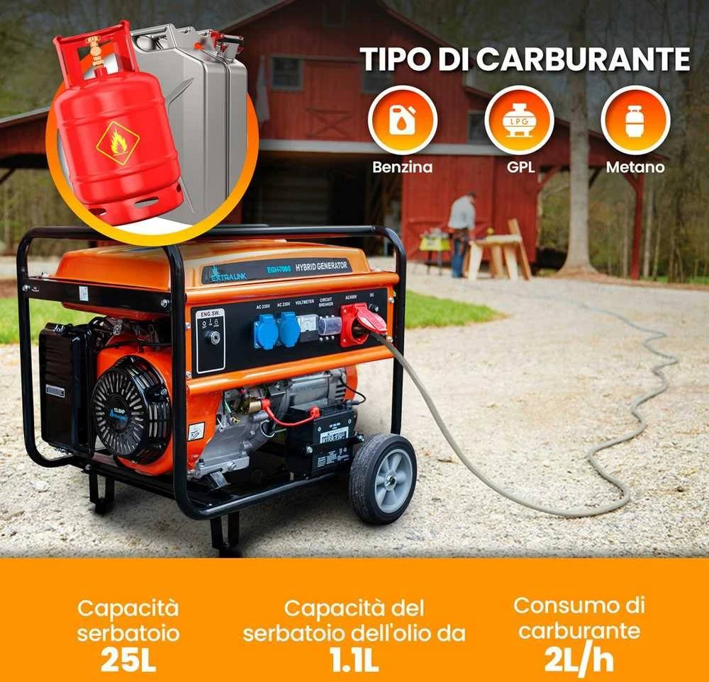 Hibridinis elektros generatorius Extralink EGH-7000 (dujos/benzinas), 7kW