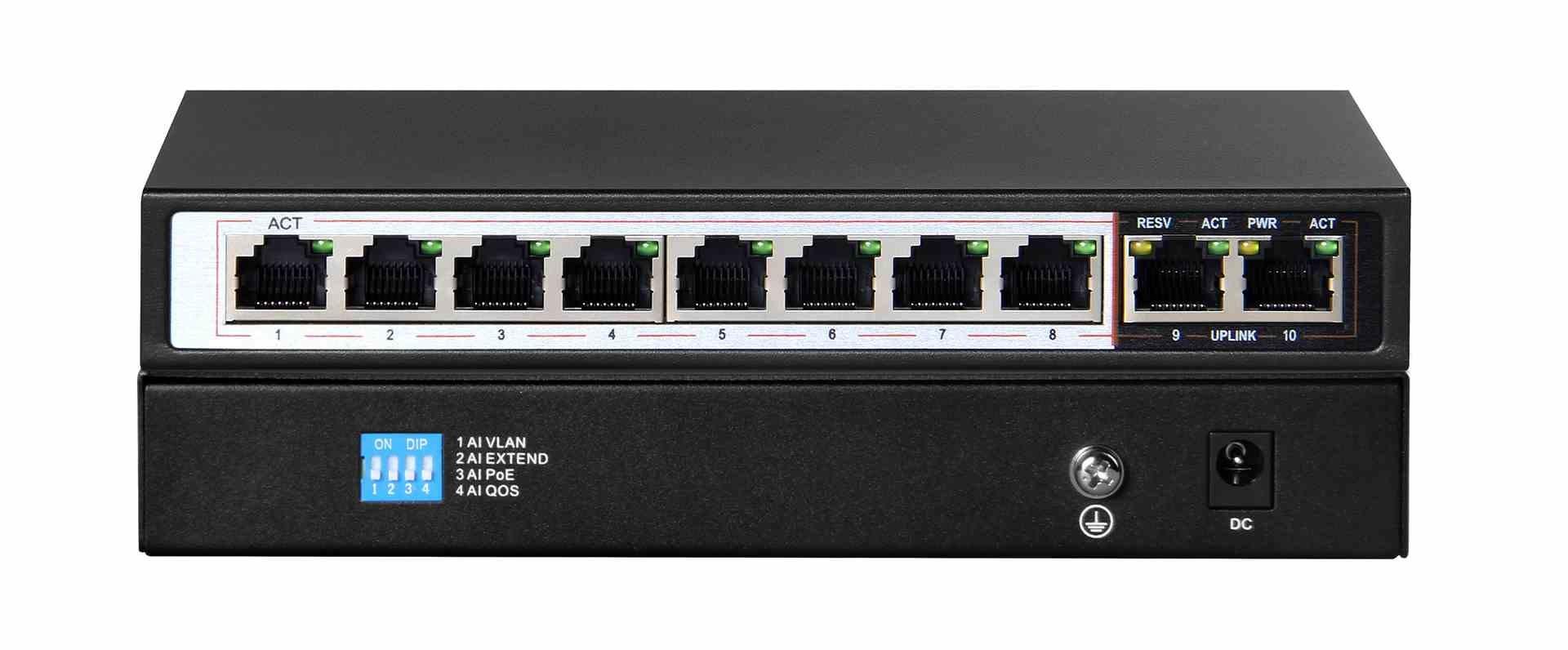 Šakotuvas EXTRALINK PERSES 8 prievadų GbE nevaldomas 802.3af/at PoE jungiklis + 2x SFP Up-Link