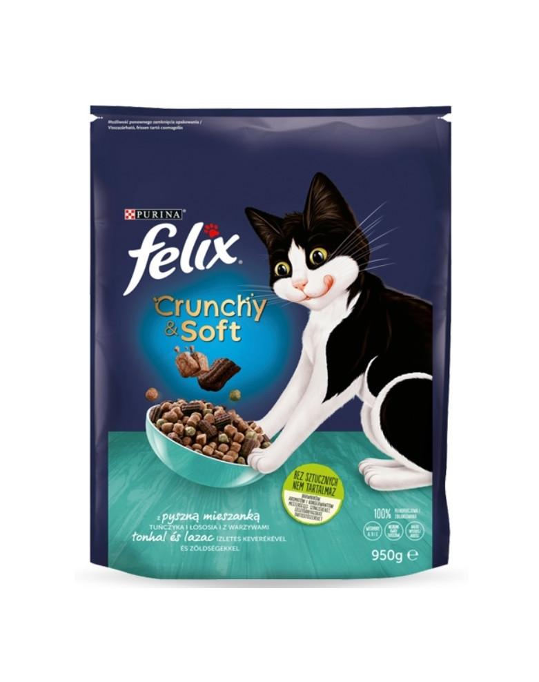 FELIX Crunchy & Soft Tuna, lašiša, ir daržovės dry cat food 950 g
