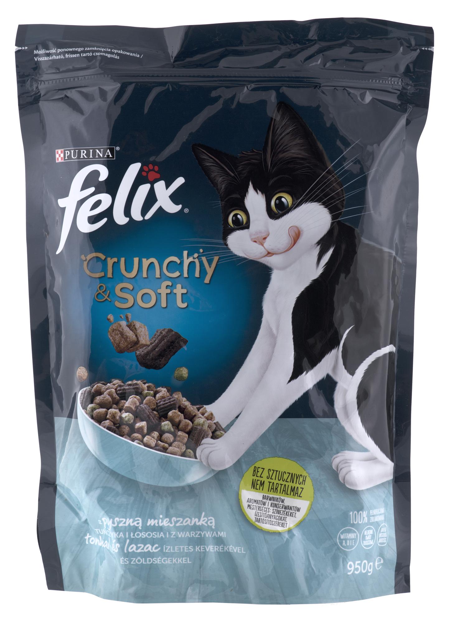 FELIX Crunchy & Soft Tuna, lašiša, ir daržovės dry cat food 950 g