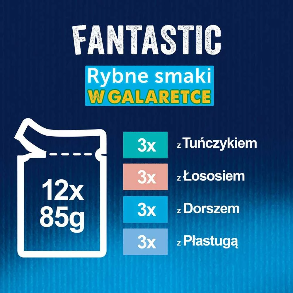 Purina Nestle Drėgnas Kačių Maistas - Felix Fantastiški Žuvų Skoniai Drebučiuose su Tunu, Lašiša, Menke ir Plekšnėmis (12x 85g)