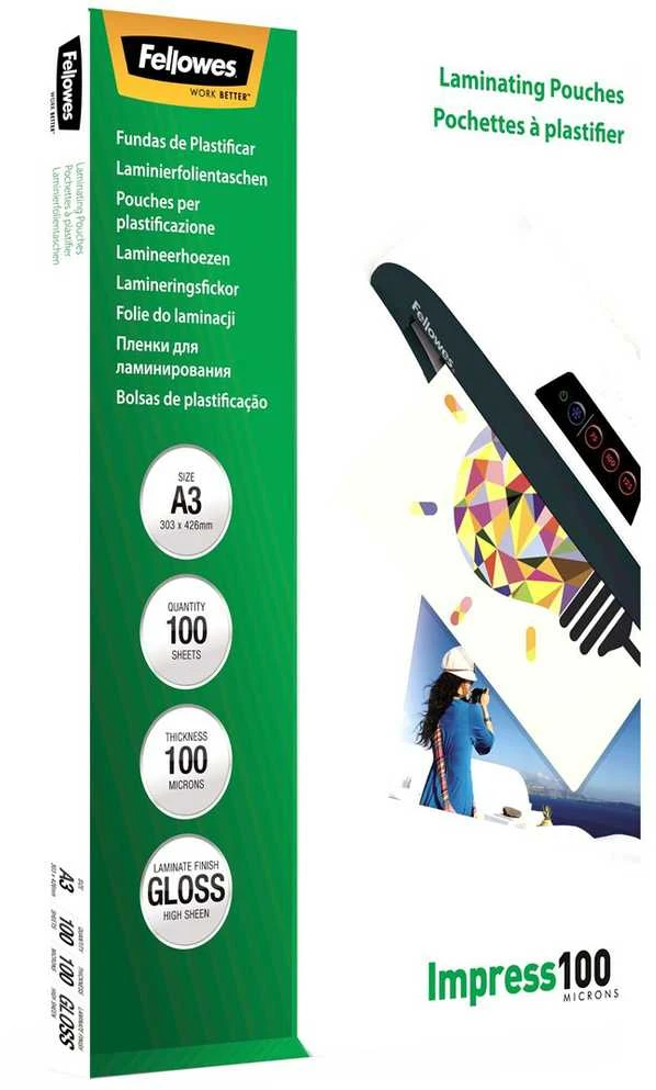Fellowes | Laminavimo maišelis | A3 | Blizgus | Storis: 100 mikronų, kiekis pakuotėje: 100 vnt.; Idealiai tinka pranešimams, rankdarbių medžiagoms, iškaboms ir dažnai naudojamiems dokumentams; Suderinamas su visų prekių ženklų laminatoriais