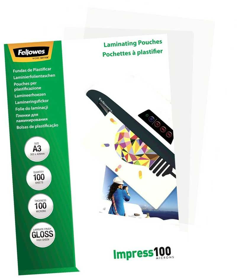 Fellowes | Laminavimo maišelis | A3 | Blizgus | Storis: 100 mikronų, kiekis pakuotėje: 100 vnt.; Idealiai tinka pranešimams, rankdarbių medžiagoms, iškaboms ir dažnai naudojamiems dokumentams; Suderinamas su visų prekių ženklų laminatoriais