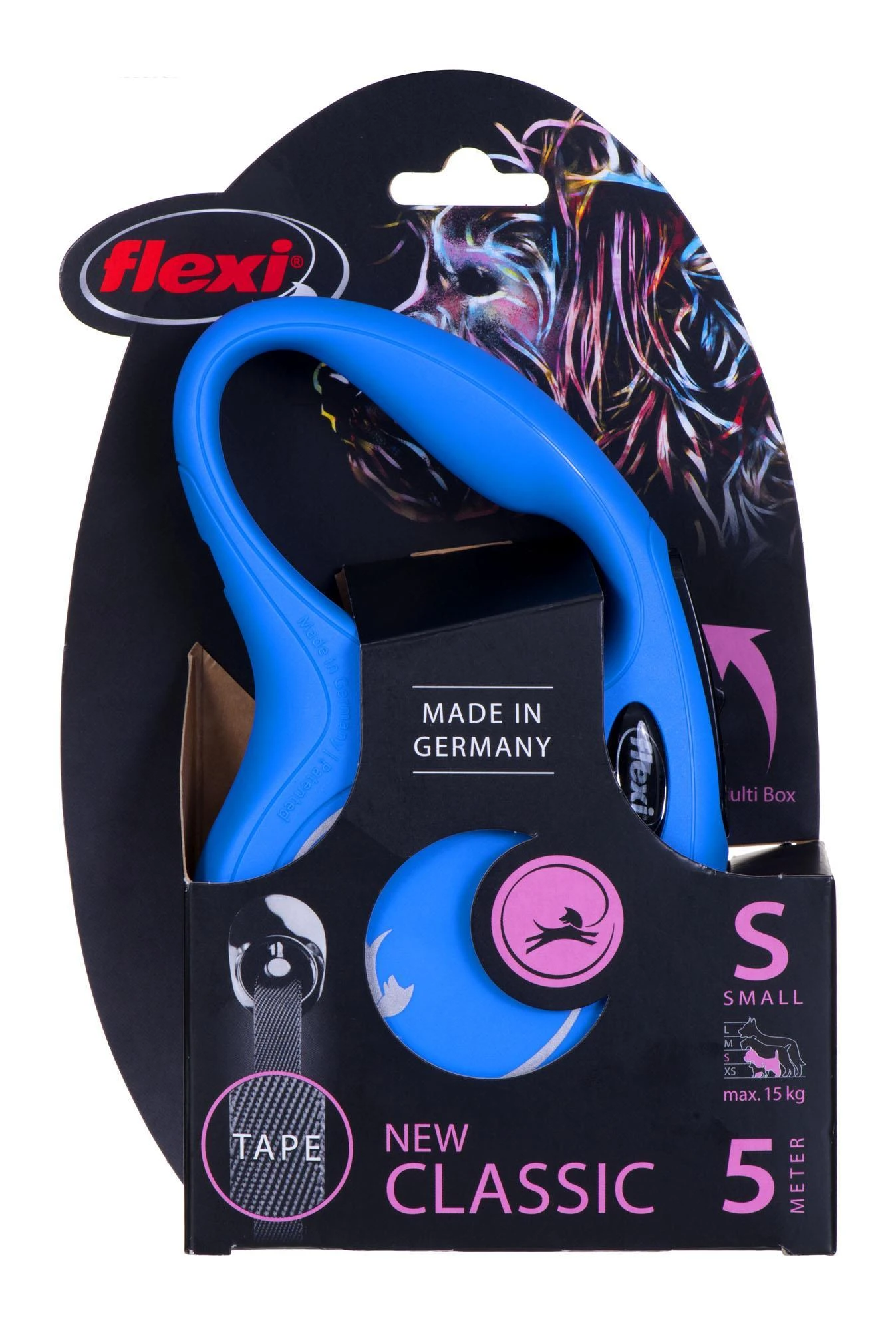 Flexi New Classic S pavadėlis šunims iki 15kg juostinis 5m mėlynos spalvos