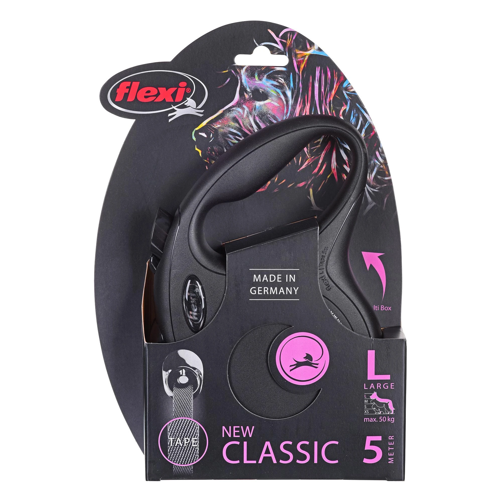 Flexi New Classic L pavadėlis šunims iki 50kg juostinis 5m juodos spalvos