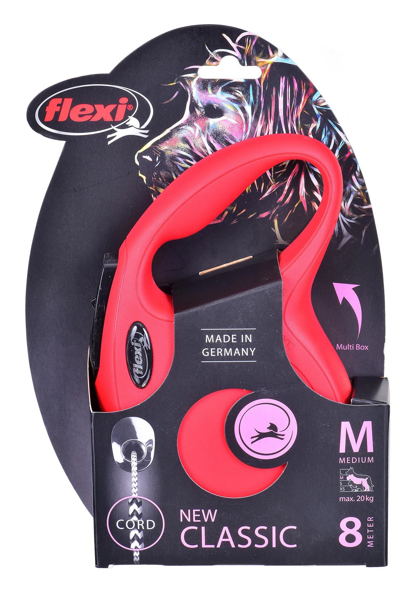 Flexi New Classic M pavadėlis šunims iki 20kg virvinis 8m raudonos spalvos