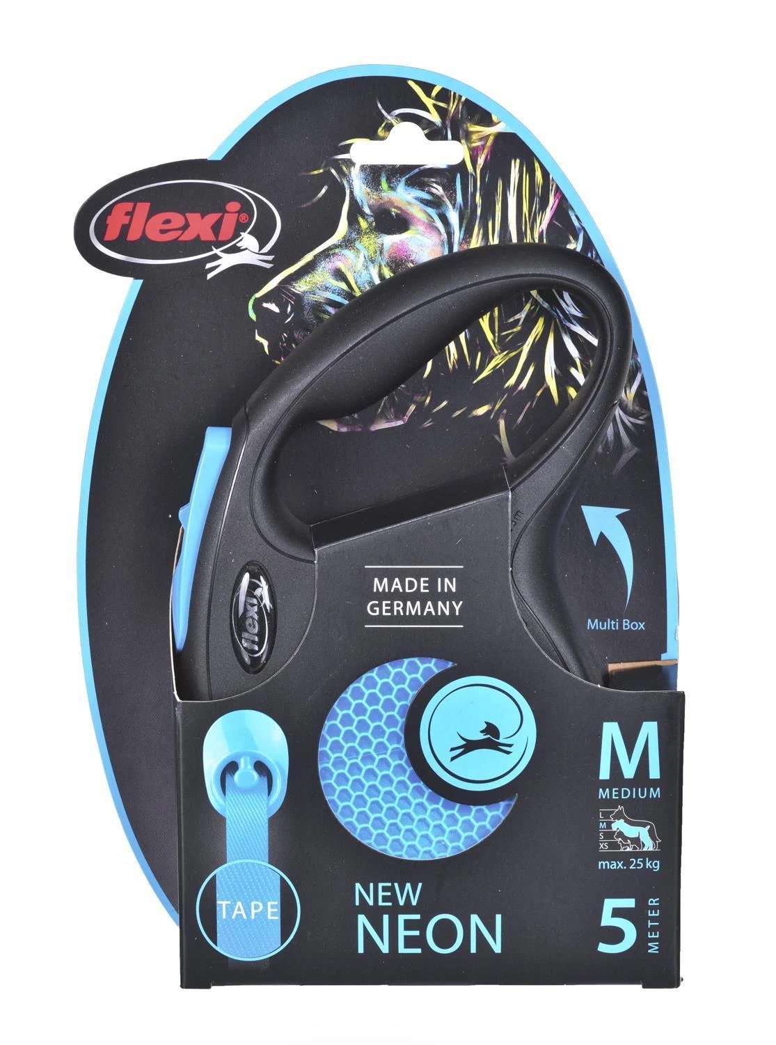 Flexi New Neon M pavadėlis šunims iki 25kg juostinis 5m mėlynos spalvos