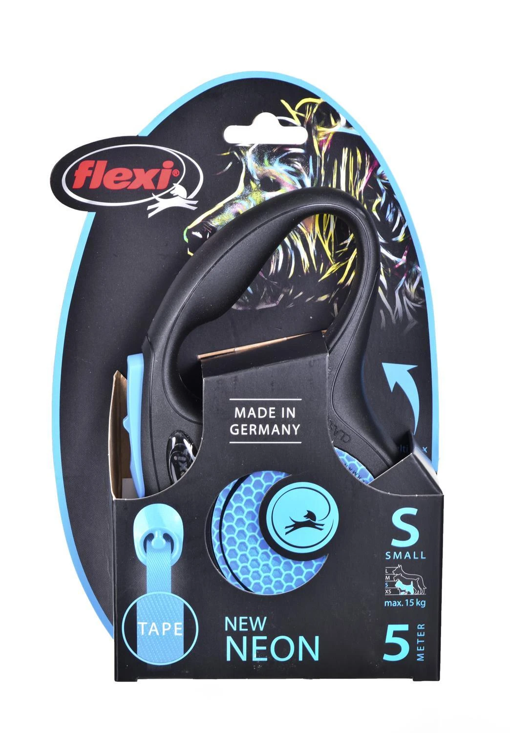Flexi New Neon S pavadėlis šunims iki 15kg juostinis 5m mėlynos spalvos