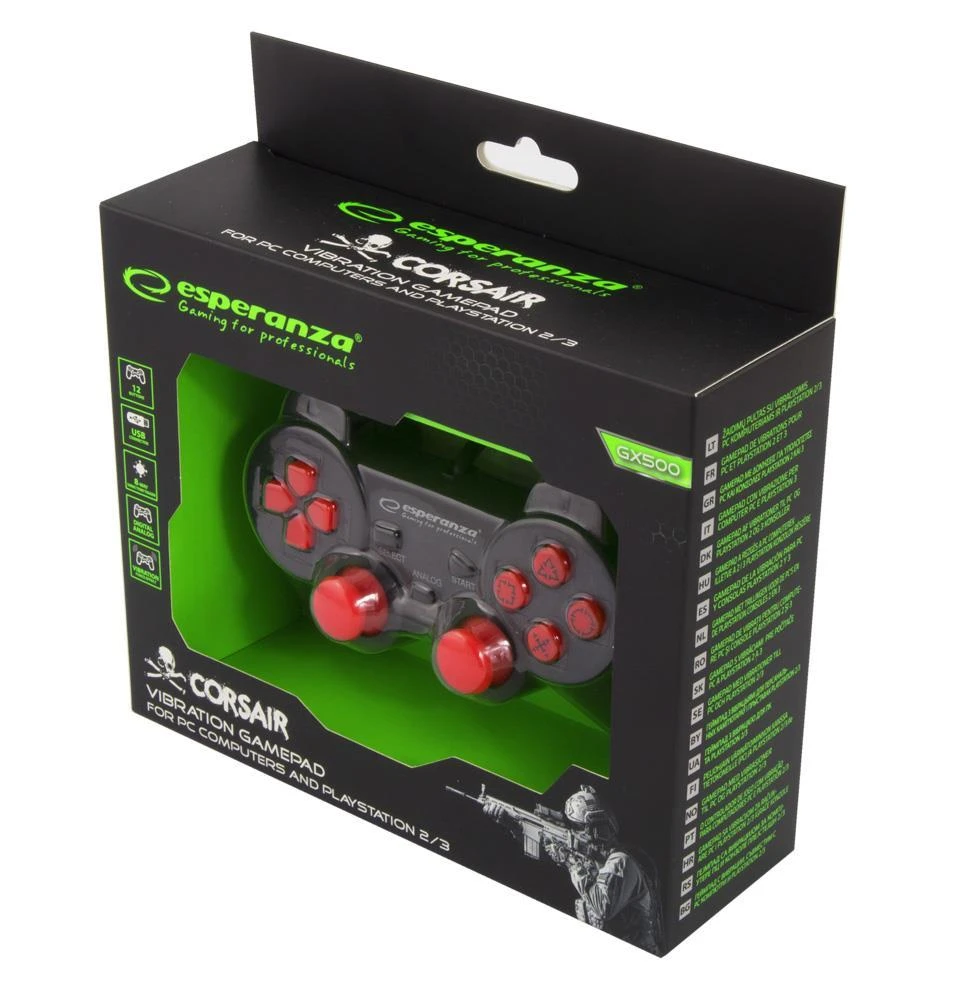 Gamepad Esperanza EGG106R (PC, PS2, PS3, juodos spalvos, red color)