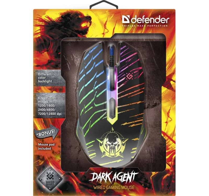 Pelė Myszka žaidimams Defender Dark Agent GM-590L su laidu 12800 dpi optinė juoda