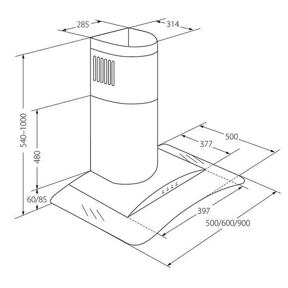 Cooker hood chimney AKPO WK-4 LARGO ECO 60 JUODA (399,1 m3/h, 600mm, juodos spalvos)