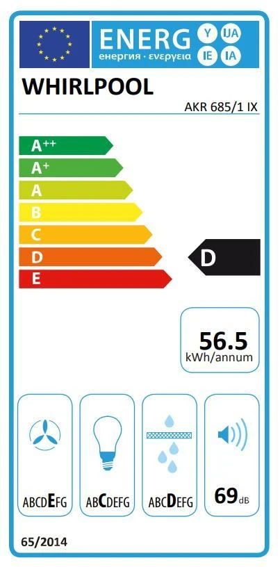 Whirlpool AKR 685/1 IX gartraukis 395 m³/h Tvirtinamas prie sienos Nerūdijančiojo plieno D