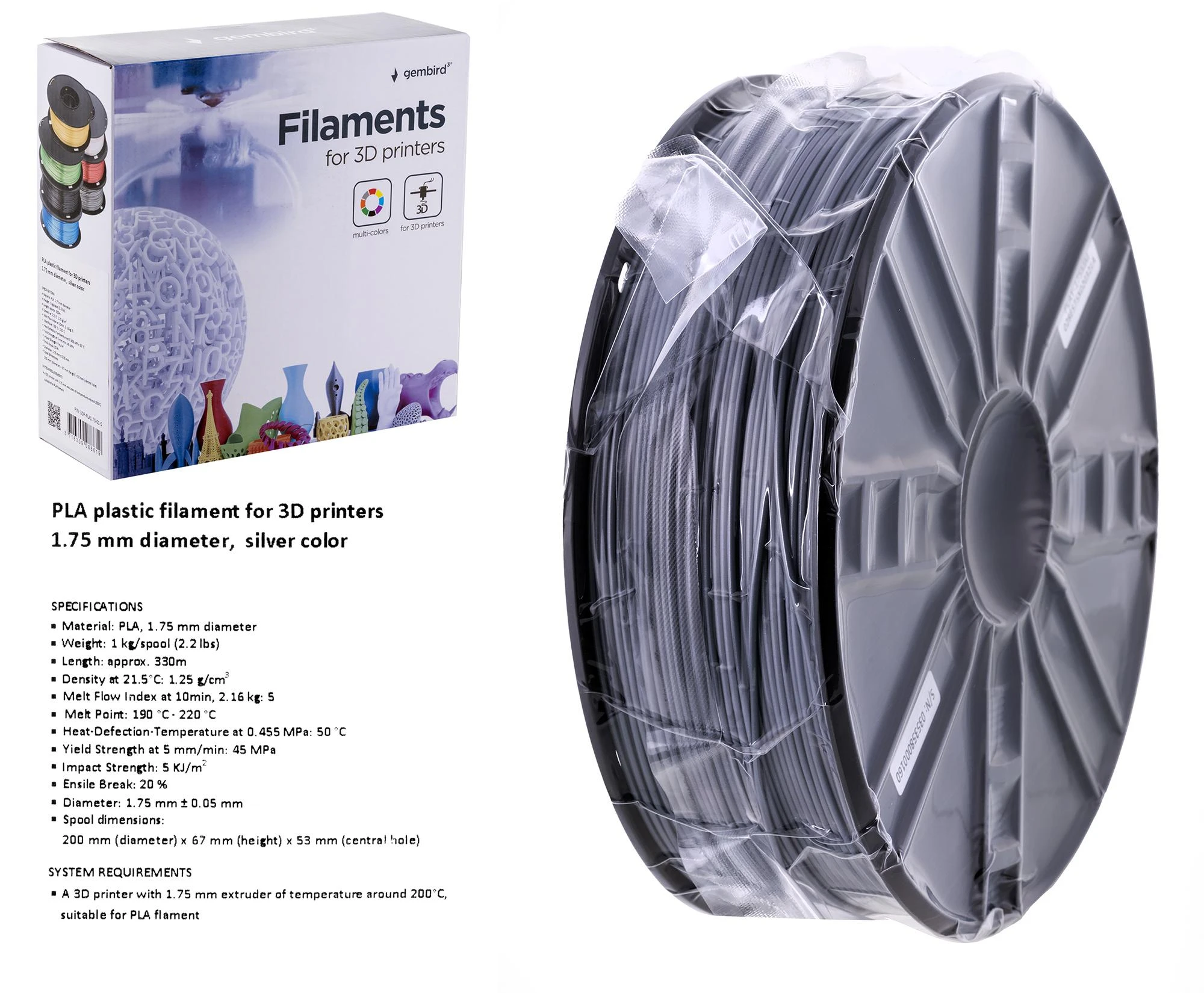 Gembird sidabrinis 3D PLA siūlas ritėje