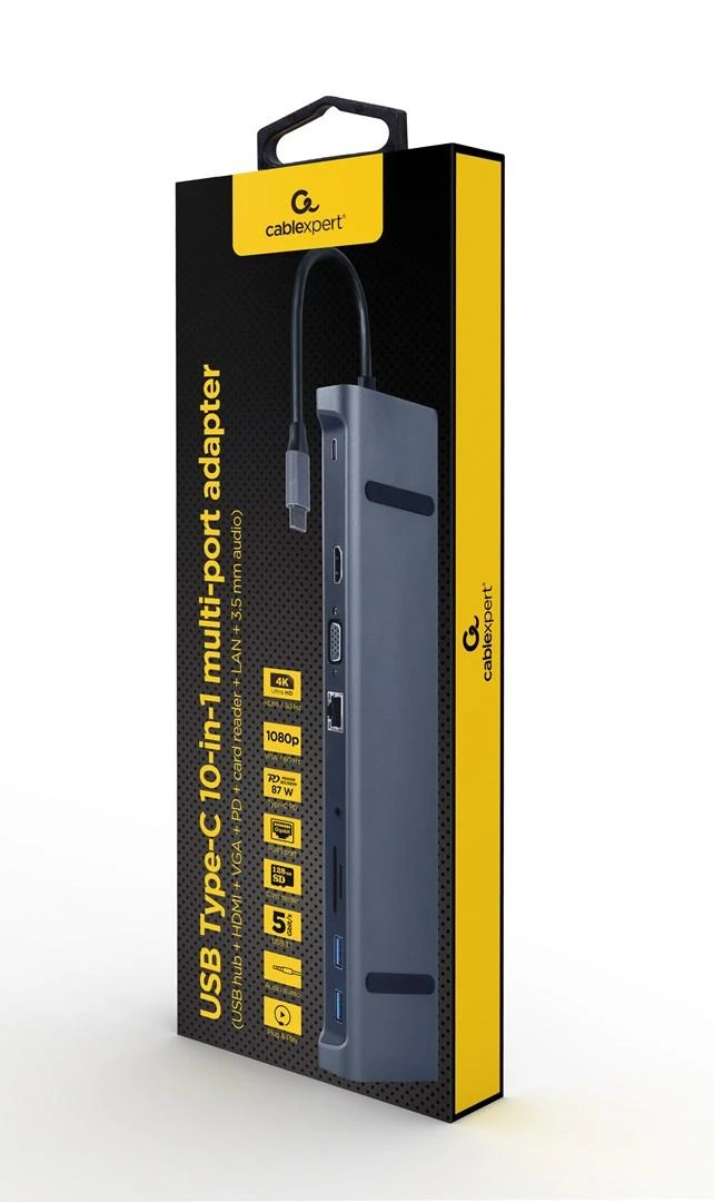 GEMBIRD A-CM-COMBO10-01 USB Type C 10in1 kelių prievadų adapteris USB šakotuvas + HDMI + VGA + PD + kortelių skaitytuvas + LAN + 3,5 mm garso erdvės pilkas
