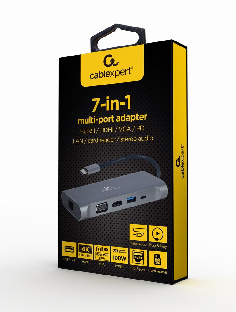 GEMBIRD A-CM-COMBO7-01 Multi Port Adapteris USB Type C Hub3.0 HDMI VGA PD kortelių skaitytuvas stereo audio space pilkas