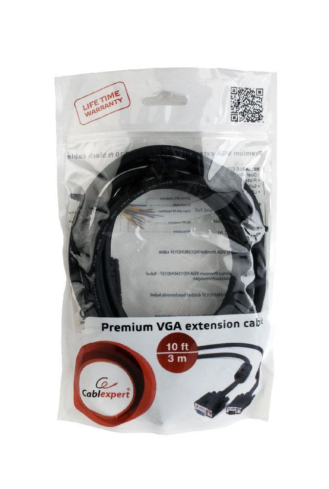 GEMBIRD CC-PPVGAX-10-B Gembird Premium VGA-Ext. HD15m/HD15f dvigubai ekranuotas su 2 feritu, 3m, juodas