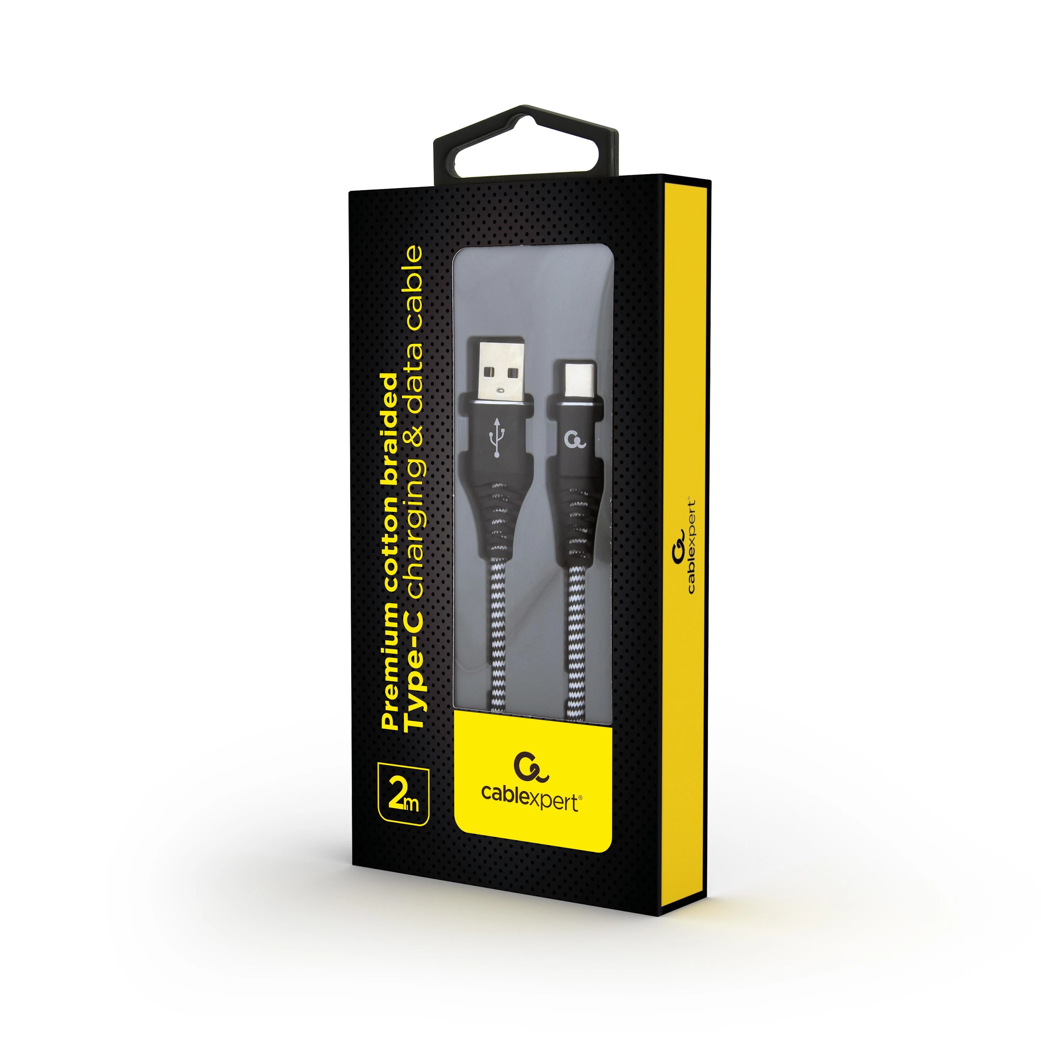 GEMBIRD CC-USB2B-AMCM-2M-BW Premium medvilnės pintas Type-C USB įkrovimo ir duomenų laidas 2m juodas/baltas