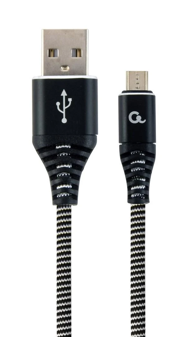 GEMBIRD CC-USB2B-AMmBM-1M-BW Premium medvilninis pintas Micro-USB įkrovimo ir duomenų laidas 1m juodas/baltas