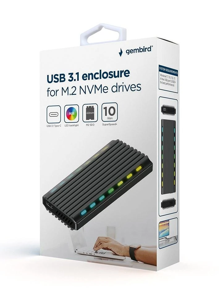 Gembird M.2 NVMe dėklas su RGB apšvietimu pakuotėje