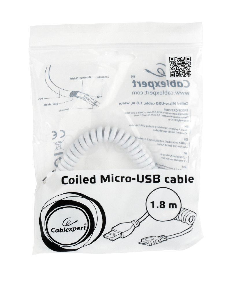 GEMBIRD CC-mUSB2C-AMBM-6-W Gembird spiralinis mikro USB kabelis, 1,8 m, baltas
