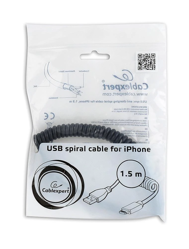 GEMBIRD CC-LMAM-1.5M Gembird USB sinchronizavimo ir įkrovimo spiralinis kabelis, 8 kontaktų, 1.5 m, juodas