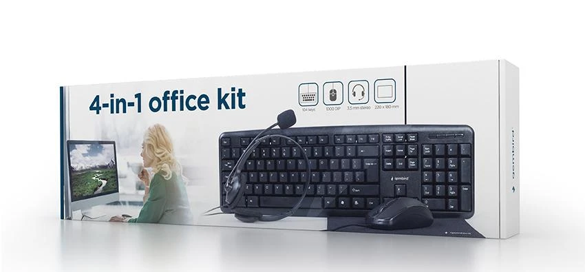 Gembird | 4-in-1 Multimedia office set | KBS-UO4-01 | Klaviatūra, Pelė, Pad and Ausinės Set | su laidu | su pele | US | Juodas