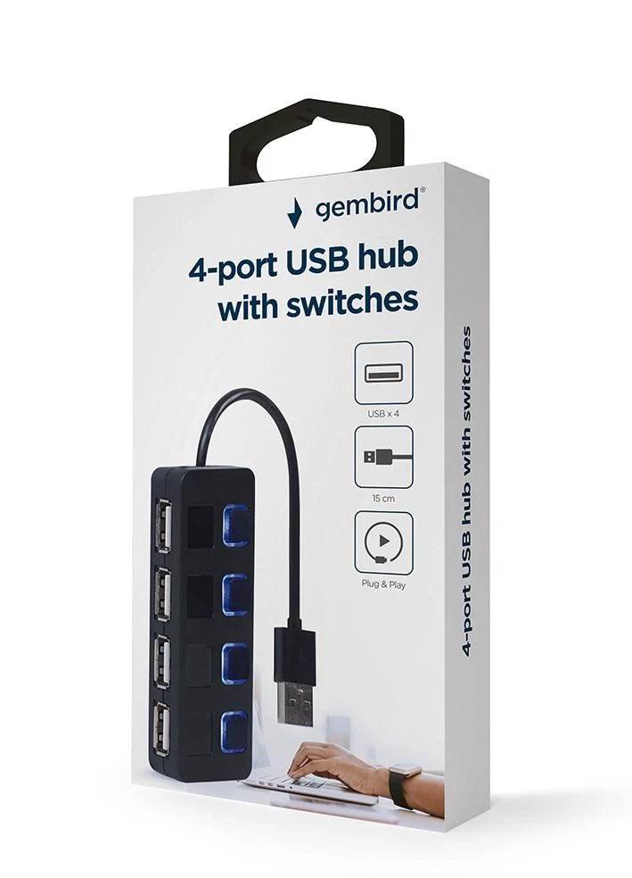 Gembird 4 prievadų USB šakotuvas su jungikliais pakuotėje