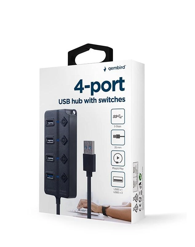 GEMBIRD 4-port USB HUB 1 x USB 3.1 + 3 x USB 2.0 juodas