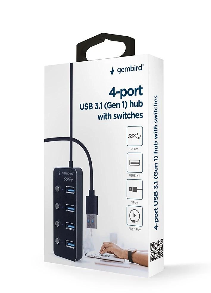 GEMBIRD USB 3.1 Gen 1 4 prievadų šakotuvas su jungikliais juodas