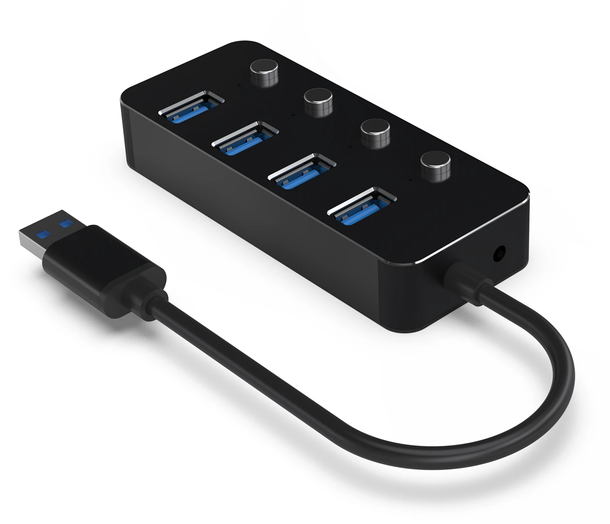 Juodas 4 prievadų USB šakotuvas su mygtukais